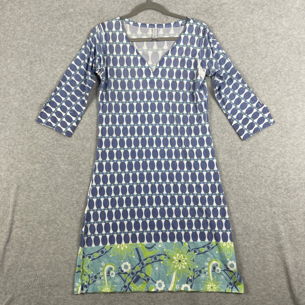 Blue Patterned V‑Neck Sheath Dress with Floral Hem